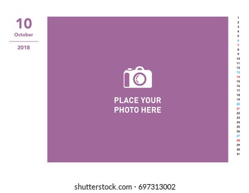 Simple photo calendar Layout for 2018 years. October Photo calendar.