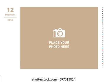 Simple photo calendar Layout for 2018 years. December Photo calendar.