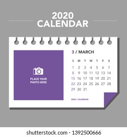 Simple photo calendar Layout for 2020 years. Week starts from Sunday.