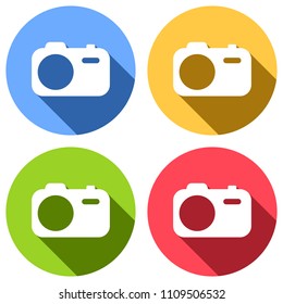 Simple photo camera. Technology icon. Set of white icons with long shadow on blue, orange, green and red colored circles. Sticker style