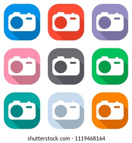 Simple photo camera. Technology icon. Set of white icons on colored squares for applications. Seamless and pattern for poster