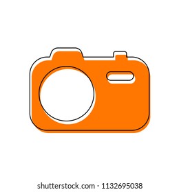 Simple photo camera. Technology icon. Isolated icon consisting of black thin contour and orange moved filling on different layers. White background