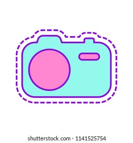 Simple photo camera. Technology icon. Colored sketch with dotted border on white background