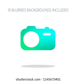 Simple photo camera. Technology icon. Colorful logo concept with simple shadow on white. 10 different blurred backgrounds included