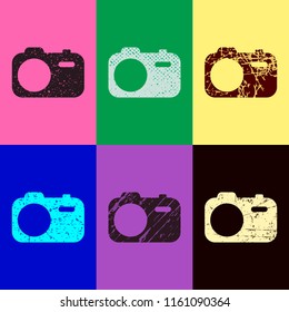 Simple photo camera. Technology icon. Pop art style. Scratched icons on 6 colour backgrounds. Seamless pattern