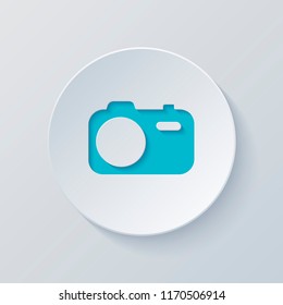 Simple photo camera. Technology icon. Cut circle with gray and blue layers. Paper style