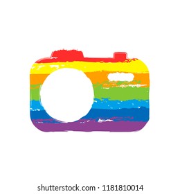 Simple photo camera. Technology icon. Drawing sign with LGBT style, seven colors of rainbow (red, orange, yellow, green, blue, indigo, violet