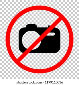 Simple photo camera. Technology icon. Not allowed, black object in red warning sign with transparent background