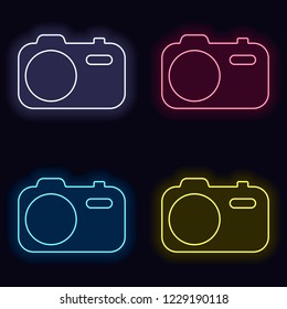 Simple photo camera. Technology icon. Set of neon sign. Casino style on dark background. Seamless pattern