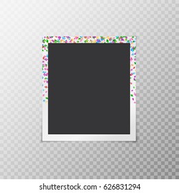 Simple photo frame with multicolored falling confetti in the form of flowers on a transparent background