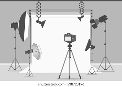 Simple photo studio. White background with lights and cameras.