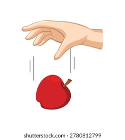Simple physics illustration showing a hand dropping an apple to demonstrate gravity and free fall.