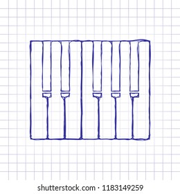 Simple piano icon. Hand drawn picture on paper sheet. Blue ink, outline sketch style. Doodle on checkered background