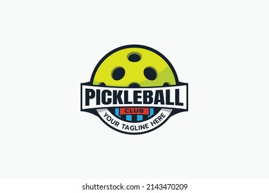 
simple pickleball club logo with a ball, ribbon, and tagline copy space.