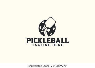 a simple pickleball logo with a combination of a hand holding a paddle and a ball. Great for logos, t-shirts, stickers, etc.