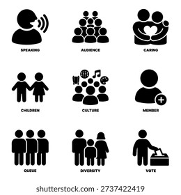 Simple Pictogram Set of Crowd, Speech, Care, and Social Concepts Icon