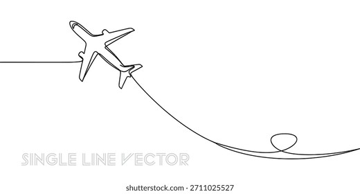 Una imagen simple de un avión volando por el cielo. Se dibuja con una línea suave e ininterrumpida, mostrando su camino a medida que viaja. 