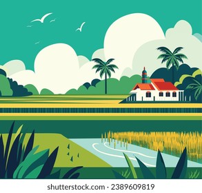 A simple picture of a countryside with a house, lighthouse, river, fields, palm trees, and a big sun, pastoral scene with a lighthouse, white house, palm trees, fields