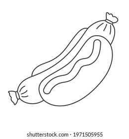 Simple picture with hot-dog isolated on white background. Vector illustration. Sausage, 
bun, ketchup, mayonnaise, mustard, fast food, meat, unvegeterian, tasty, delicious, doodle style, coloring book