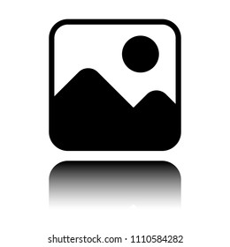 Simple picture icon. Black icon with mirror reflection on white background