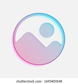 Simple picture icon. Colored logo with diagonal lines and blue-red gradient. Neon graphic, light effect