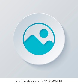 Simple picture icon. Cut circle with gray and blue layers. Paper style