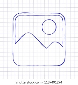Simple picture icon. Hand drawn picture on paper sheet. Blue ink, outline sketch style. Doodle on checkered background