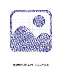 Simple picture icon. Hand drawn sketched picture with scribble fill. Blue ink. Doodle on white background