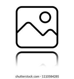 Simple picture icon. Linear symbol, thin outline. Black icon with mirror reflection on white background