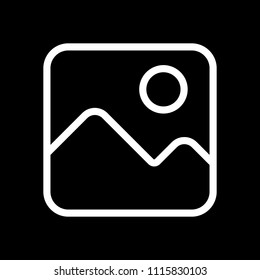 Simple picture icon. Linear symbol, thin outline. White icon on black background. Inversion