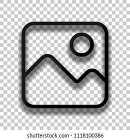 Simple picture icon. Linear symbol, thin outline. Black glass icon with soft shadow on transparent background