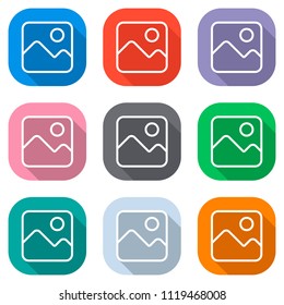 Simple picture icon. Linear symbol, thin outline. Set of white icons on colored squares for applications. Seamless and pattern for poster