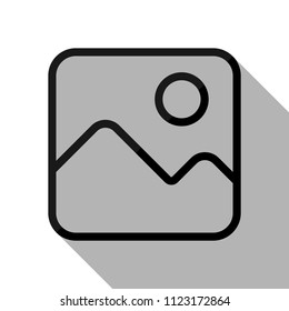 Simple picture icon. Linear symbol, thin outline. Black object with long shadow on white background
