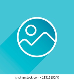 Simple picture icon. Linear symbol, thin outline. Gray icon with long shadow in bottom left corner on blue background