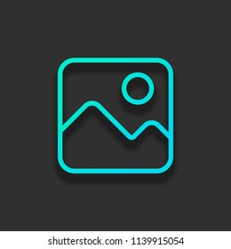Simple picture icon. Linear symbol, thin outline. Colorful logo concept with soft shadow on dark background. Icon color of azure ocean
