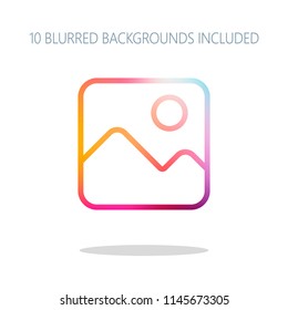 Simple picture icon. Linear symbol, thin outline. Colorful logo concept with simple shadow on white. 10 different blurred backgrounds included