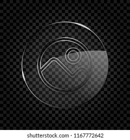 Simple picture icon. Linear symbol, thin outline. Icon in circle glass bubble on dark transparent grid. Glass style