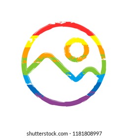 Simple picture icon. Linear symbol, thin outline. Drawing sign with LGBT style, seven colors of rainbow (red, orange, yellow, green, blue, indigo, violet