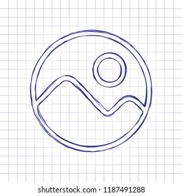 Simple picture icon. Linear symbol, thin outline. Hand drawn picture on paper sheet. Blue ink, outline sketch style. Doodle on checkered background