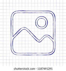 Simple picture icon. Linear symbol, thin outline. Hand drawn picture on paper sheet. Blue ink, outline sketch style. Doodle on checkered background