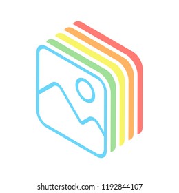 Simple picture icon. Linear symbol, thin outline. Stack of colorful isometric icons on white background