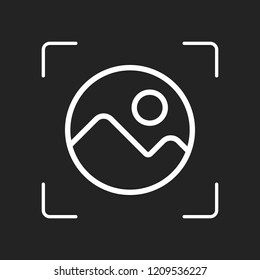 Simple picture icon. Linear symbol, thin outline. White object in camera autofocus on dark background