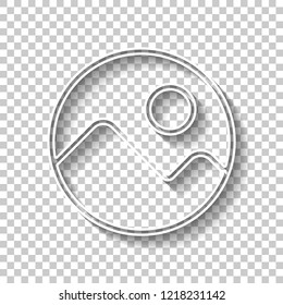 Simple picture icon. Linear symbol, thin outline. White outline sign with shadow on transparent background