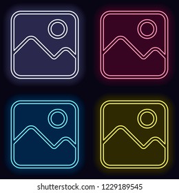 Simple picture icon. Linear symbol, thin outline. Set of neon sign. Casino style on dark background.