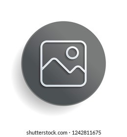 Simple picture icon. Linear symbol, thin outline. White paper symbol on gray round button or badge with shadow