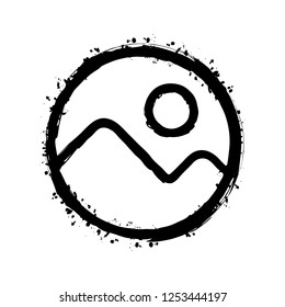 Simple picture icon. Linear symbol, thin outline. Black ink with splashes on white background