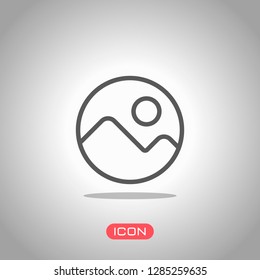 Simple picture icon. Linear symbol, thin outline. Icon under spotlight. Gray background