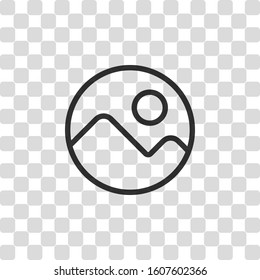 Simple picture icon. Linear symbol, thin outline. Black symbol on transparency grid