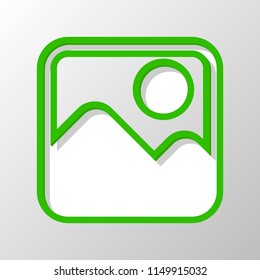 Simple picture icon. Paper style. Cut symbol with green bold contour on shape and simple shadow