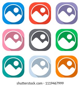 Simple picture icon. Set of white icons on colored squares for applications. Seamless and pattern for poster
